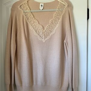 LAWLESS Blush V-Neck Sweater with Cream Lace Trim